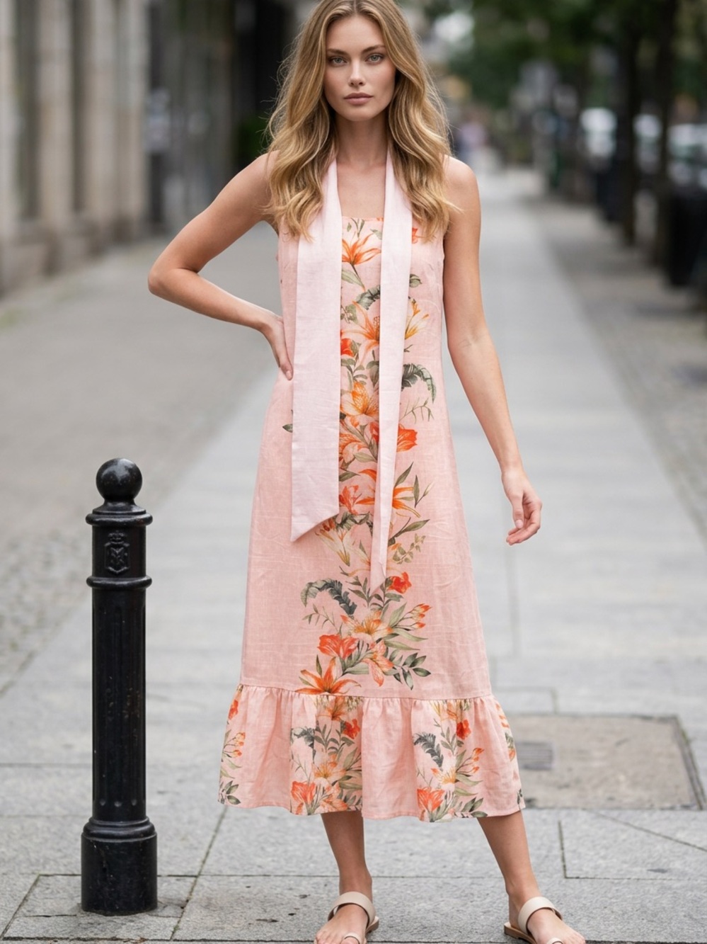 Ann Taylor Pink Floral Maxi Dress with Tie-Neck